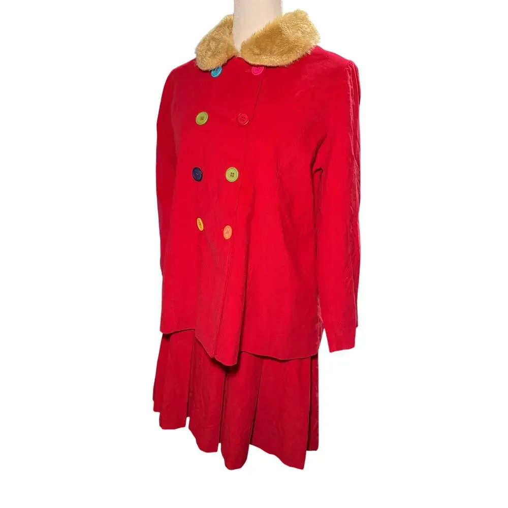 Jellybean Vintage Red Corduroy Skirt Suit Faux Fur Collar, Girls Plus 14.5, NWT
